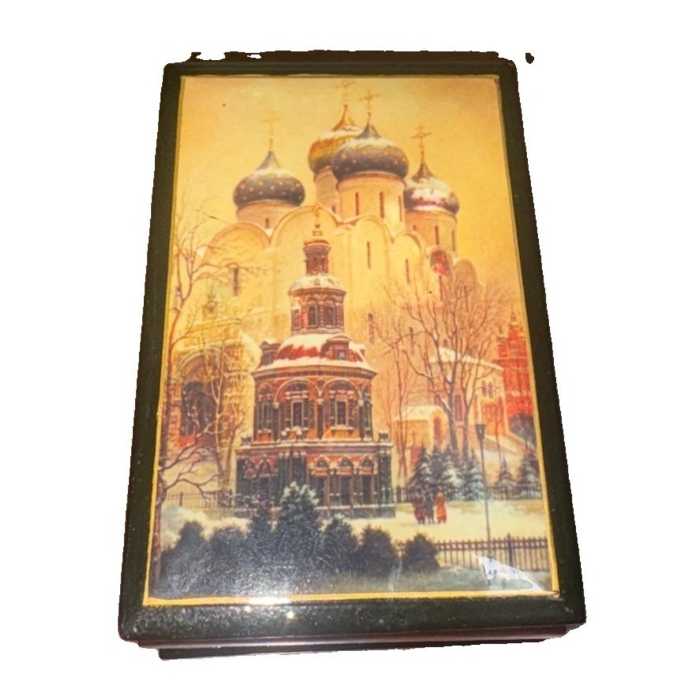 Vintage Lacquer Box Hand Painted Winter Scene Church Art Mini 4"L